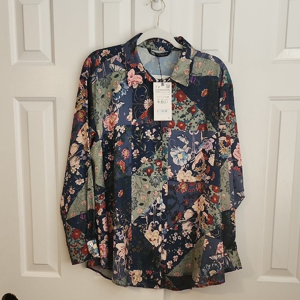 Zara NWT Floral Patchwork Blouse - Blue and Green Size XXL - Picture 2 of 4
